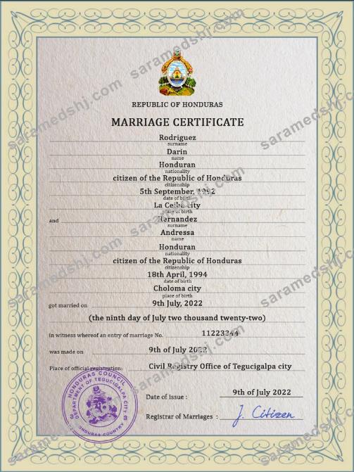 Honduras marriage certificate PSD template